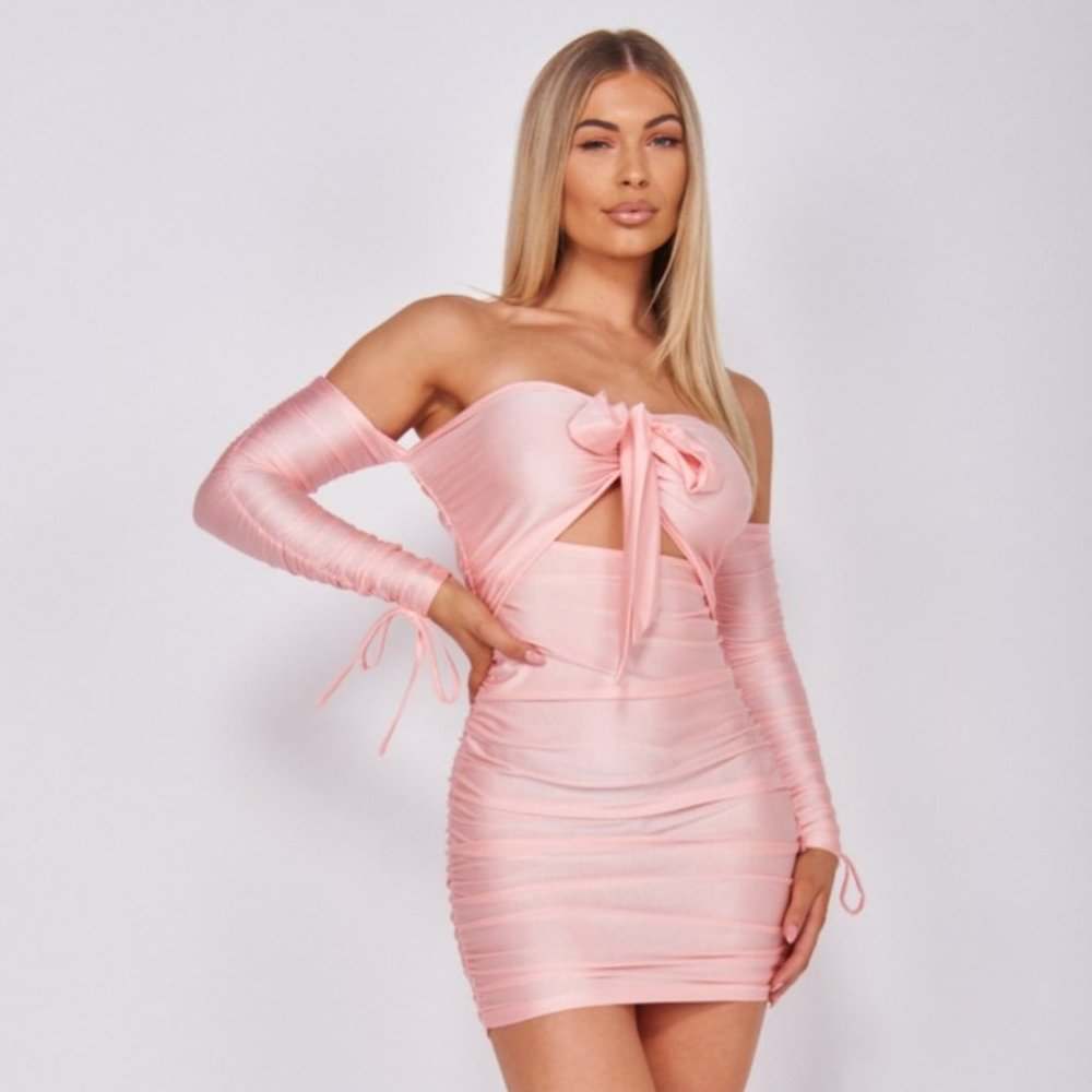 Pink Long Sleeve Off Shoulder Cutout Ruched Bodycon Mini Dress